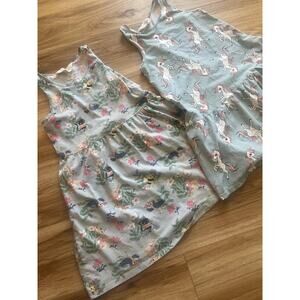 H&M Dresses Girls 8-10 Lot Of 2 Blue Unicorn Woodland Animal 100% Cotton Print